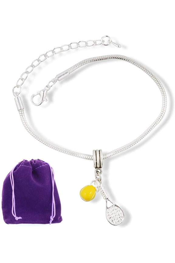 Tennis Racket Bracelet | ( Racquet ) with Yellow Tennis Ball 100% Stainless Steel Snake Chain Charm Bracelet