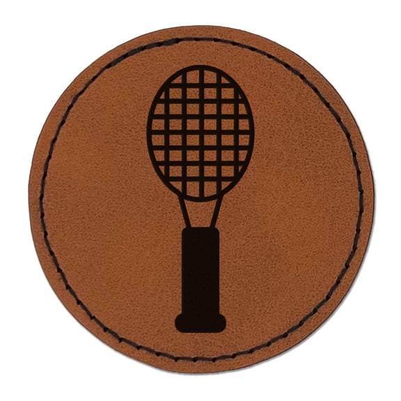 Tennis Racket Doodle 2.5" Faux Leather Round Engraved Iron-On Patch - Brown