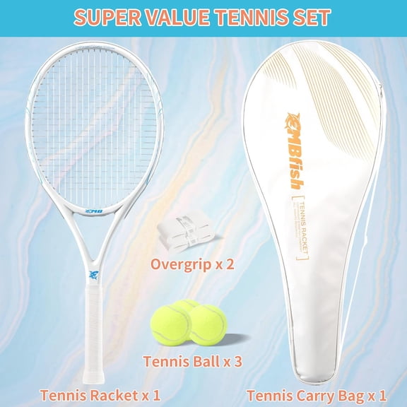 Tennis Racket Set - Super Value with Pre-Strung, Comfortable Handle, 27'' for Adults, Includes 3 Balls, 2 Overgrips, and 1 Bag