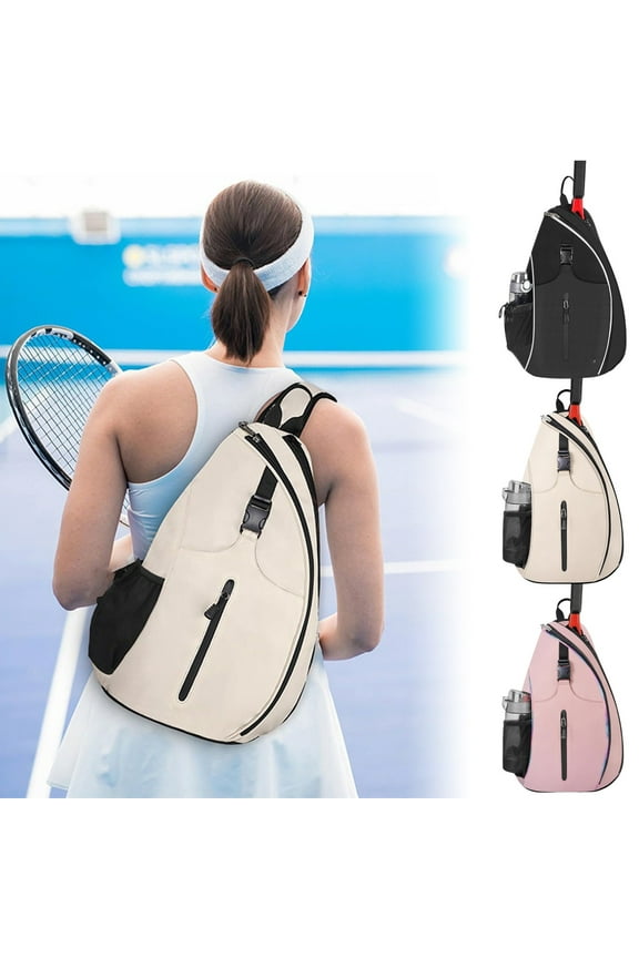 Tennis Racket Sling Bag Backpack with Adjustable Shoulder Strap, Anti-Theft Pocket and Ball Pocket, Holds 1 Racket for Tennis Badminton Pickleball Training