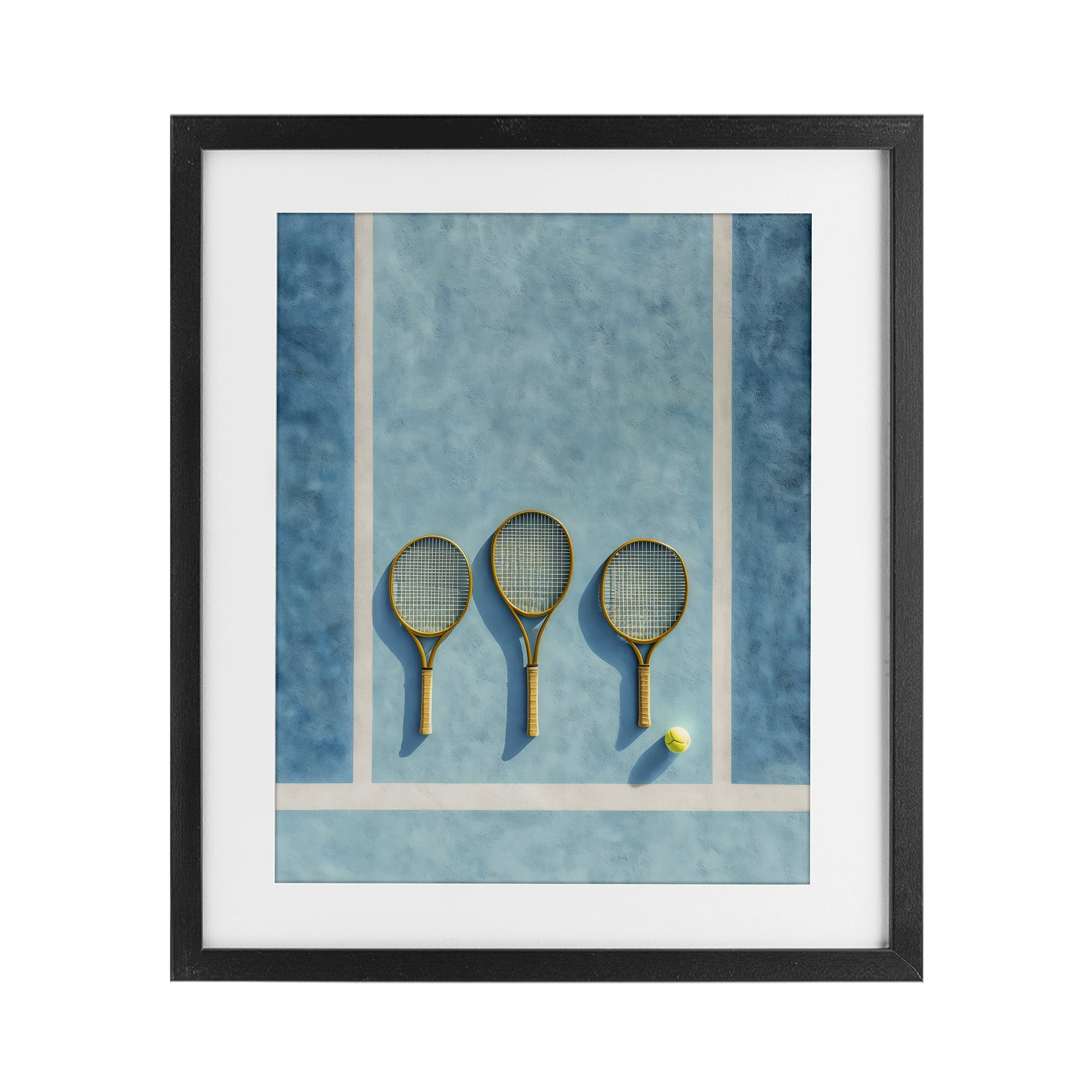 Tennis Racket Trio Black Framed Print Under Glass, design by Franklyn Gregory