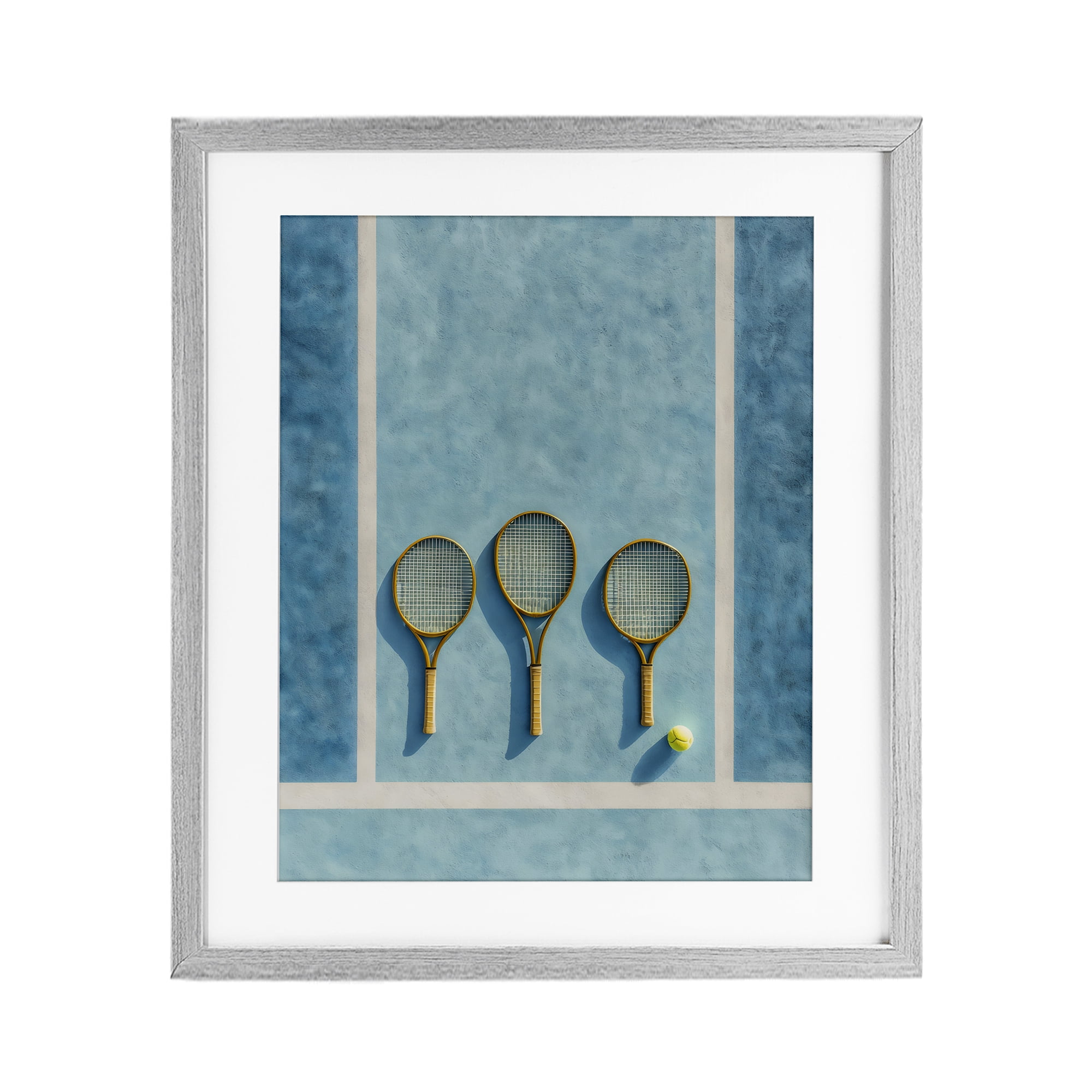 Tennis Racket Trio Gray Framed Print Under Glass, design by Franklyn Gregory
