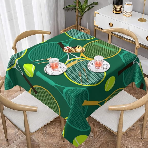Tennis Rackets and Balls Tablecloth Square 60 Inch Green Waterproof Table Cover for Party Picnic Dining Room Kitchen BBQ Wedding Indoor Outdoor Table Cloth Home Decor