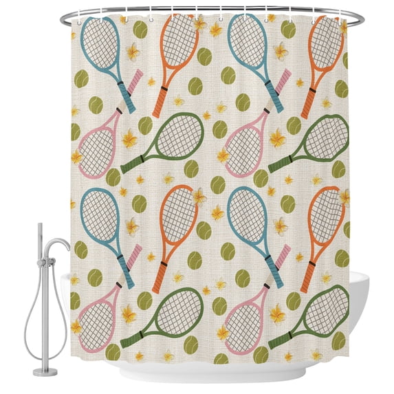 Tennis Rackets Shower Curtains for Bathroom, Waterproof Fabric Bath Curtains Decor, Bath Tub Curtain Farmhouse Flowers Ball Sports Theme Decorative Shower Curtain Sets with 12 Hooks, 72x72 Inch
