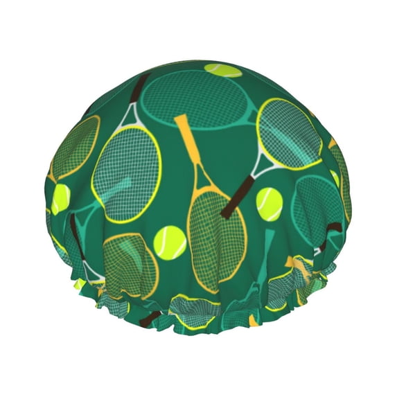 Tennis Rackets and Balls Shower Cap, Reusable Bath Hair Hat for all Hair Lengths Hair Cover with Elastic Band Double Waterproof Layers Bathing Hat