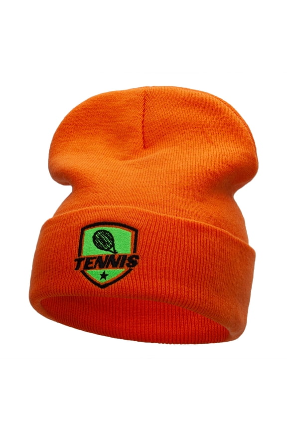Tennis Racquet Logo Embroidered Long Knitted Beanie - Orange OSFM