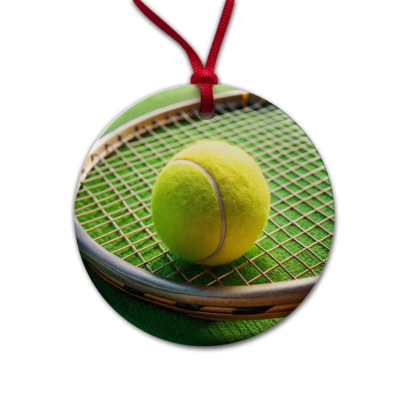 Tennis Racquet and Ball Close-up Christmas Tree Holiday Round Ceramic Ornament