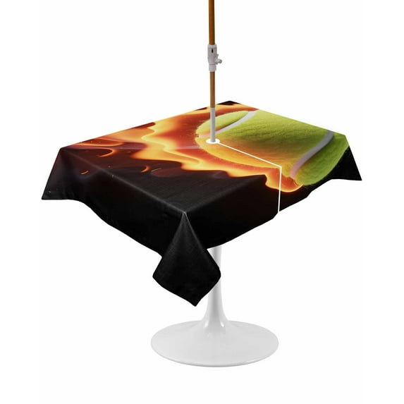 Tennis Rectangle Outdoor Tablecloth, Waterproof Table Cloth Cover with Umbrella Hole and Zipper, Modern Sport Glowing Ball Black Background Table Protector for Patio Party Picnic 60"x102"