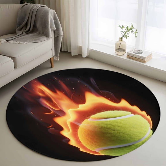 Tennis Round Area Rug 3.3 FT, Non Slip Small Entryway Kitchen Mat, Modern Sport Glowing Ball Black Background Washable Soft Circular Rug Non-Shedding Door Mat for Bathroom Playroom Kids Room