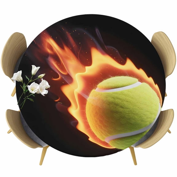 Tennis Round Tablecloth, Fitted Table Cover with Elastic for 55"-60" Round Tables, Modern Sport Glowing Ball Black Background Table Cloth Outdoor Indoor Dinning Party Waterproof Tablecloths