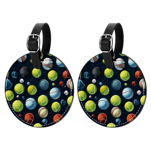 Tennis Set of 2pcs PU Leather Round Suitcase Tags with Privacy Cover and Name ID Tag - Ideal for Travel Luggage, Handbags, Backpacks, School Bags