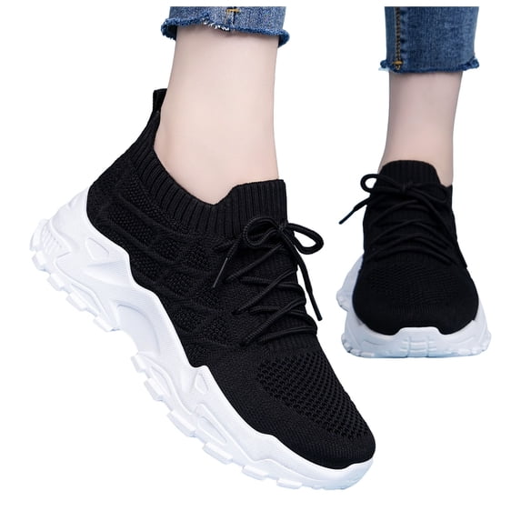 Tennis Shoes Women Mesh Platform Sneakers Fashion Lightweight Slip on Walking Shoes Thick Soft Sole Athletic Workout Gym Shoes Black Size 7