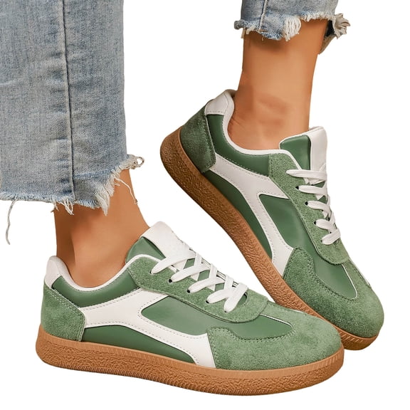Tennis Shoes Womens Color Block Suede Fashion Trainers Athletic Shoes Lace up Antislip Flat Sneakers Lightweight Skate Shoes Green Size 9.5