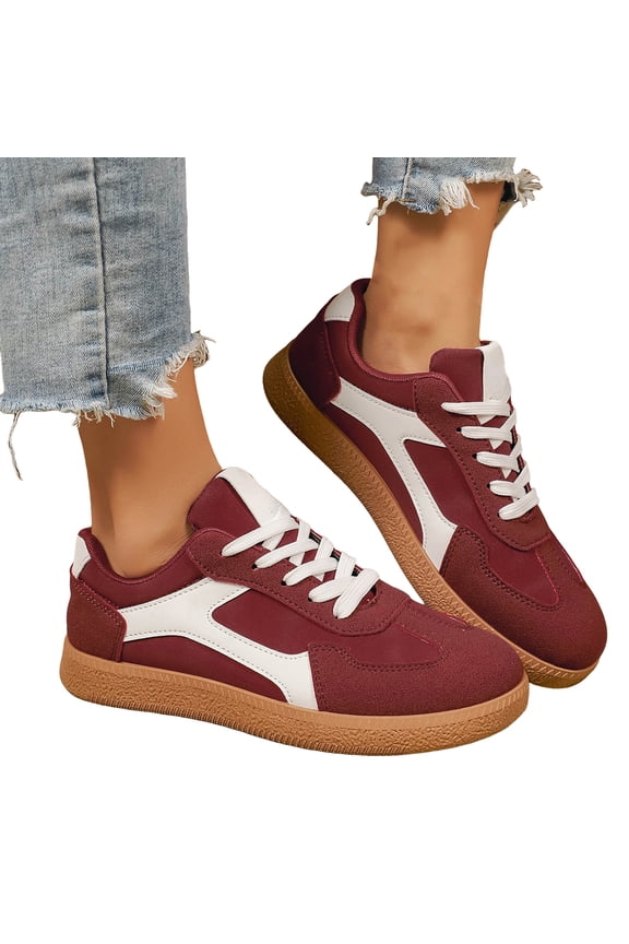 Tennis Shoes Womens Color Block Suede Fashion Trainers Athletic Shoes Lace up Antislip Flat Sneakers Lightweight Skate Shoes Wine Size 8