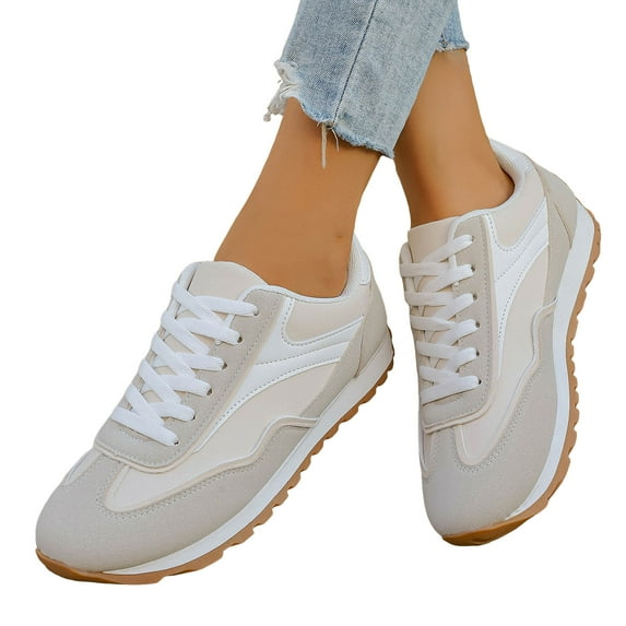 Tennis Shoes Womens Fashion Color Block Sneakers Lace up Classic Retro Trainers Skate Shoes Nonslip Thick Sole Running Shoes Beige Size 6.5