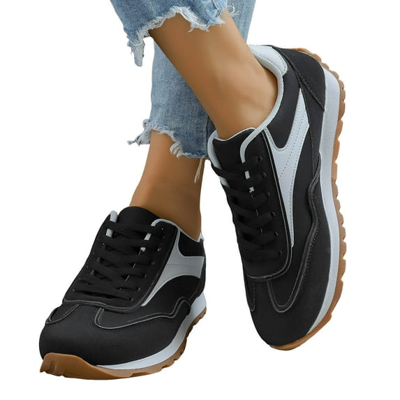 Tennis Shoes Womens Fashion Color Block Sneakers Lace up Classic Retro Trainers Skate Shoes Nonslip Thick Sole Running Shoes Black Size 7.5