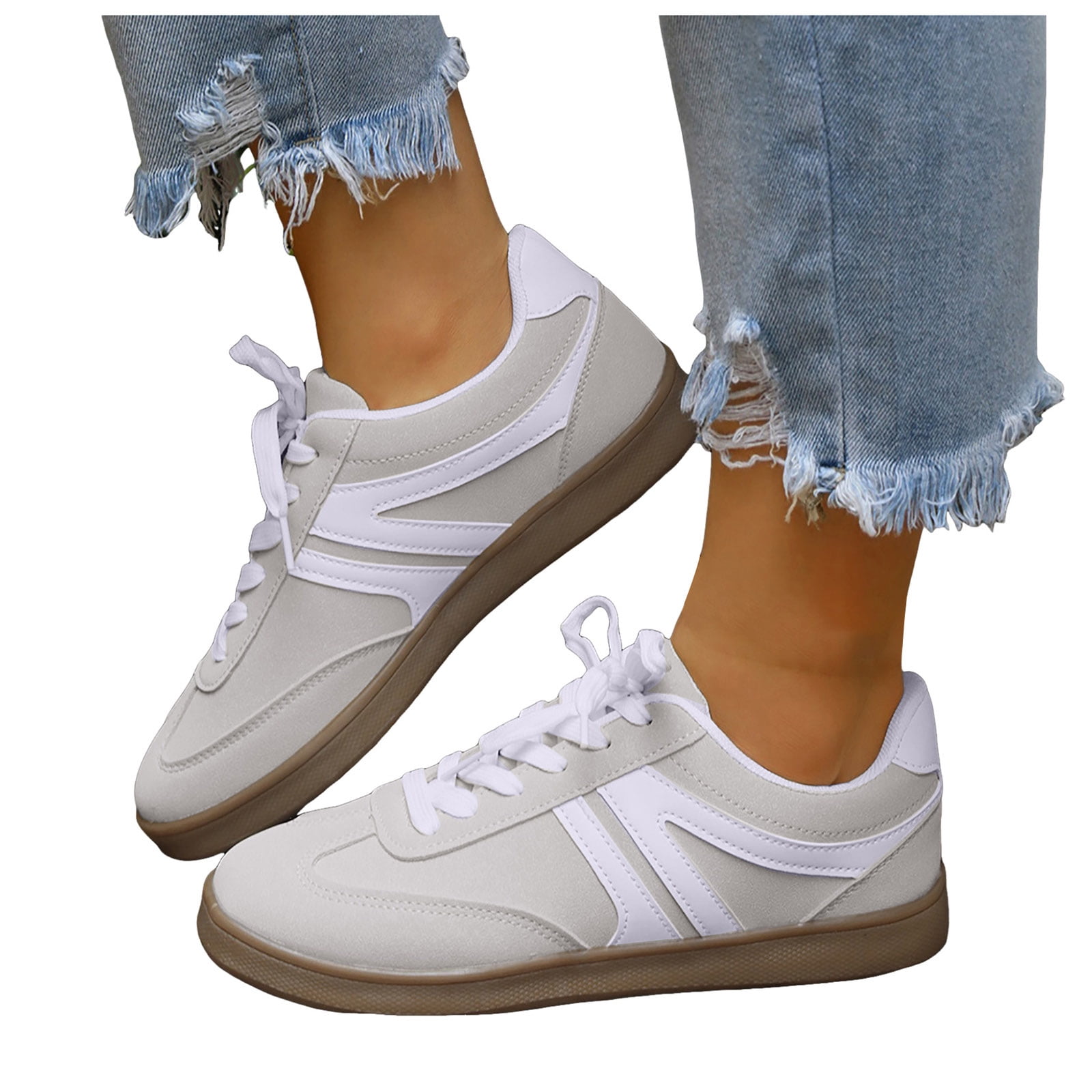 Tennis Shoes Womens Lace up Retro Classic Trainers Skate Shoes Fashion Suede Color Block Sneakers Nonslip Flat Walking Shoes Beige Size 9.5