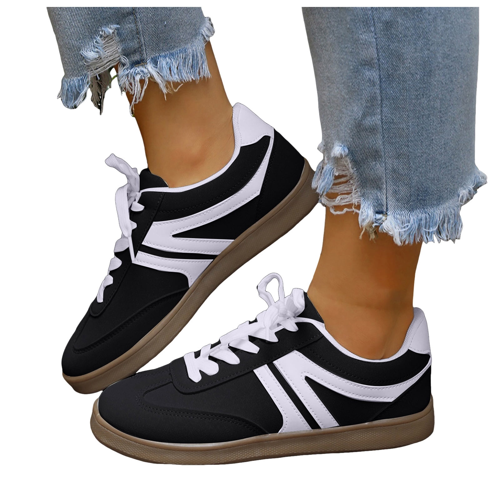 Tennis Shoes Womens Lace up Retro Classic Trainers Skate Shoes Fashion Suede Color Block Sneakers Nonslip Flat Walking Shoes Black Size 8.5