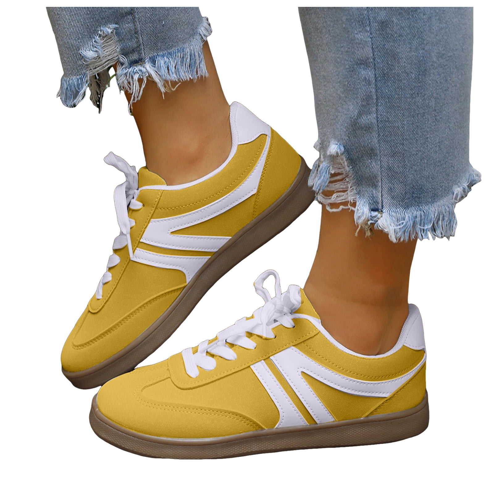 Tennis Shoes Womens Lace up Retro Classic Trainers Skate Shoes Fashion Suede Color Block Sneakers Nonslip Flat Walking Shoes Yellow Size 8.5