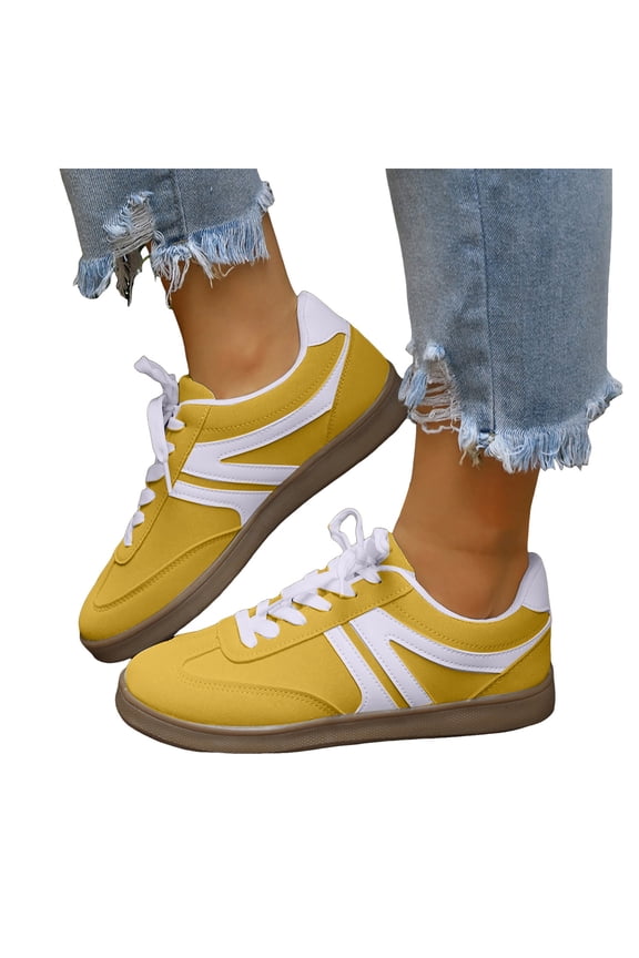 Tennis Shoes Womens Lace up Retro Classic Trainers Skate Shoes Fashion Suede Color Block Sneakers Nonslip Flat Walking Shoes Yellow Size 8.5