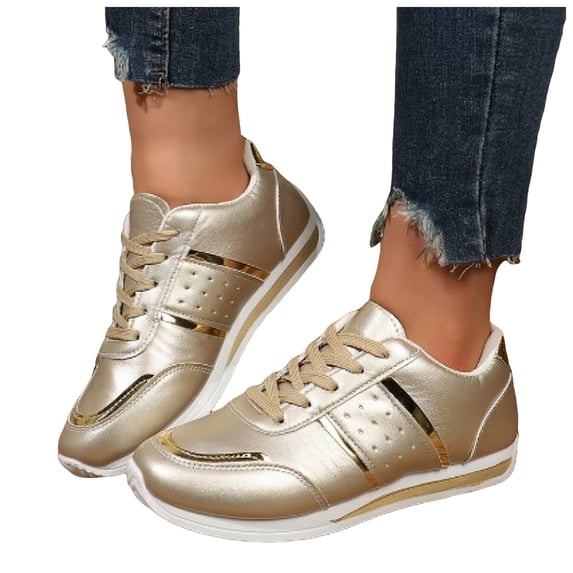 Tennis Shoes Womens Trendy Color Block Leather Lace up Running Trekking Shoes Antislip Breathable Athletic Sneakers Casual Walking Shoes Gold Size 6.5