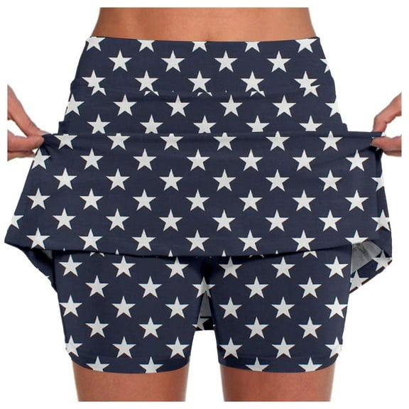 Tennis Skirts for Women Graphic Printed Double Layer Pants Skirt Casual Stretchy Athletic Skorts for Women,Navy,S