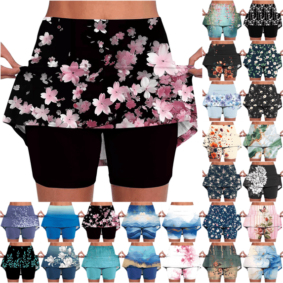 Tennis Skirts for Women Plus Size High Waist Tummy Control Skort Lightweight Floral Print Golf Workout Spandex Skirted Shorts Size S-4XL