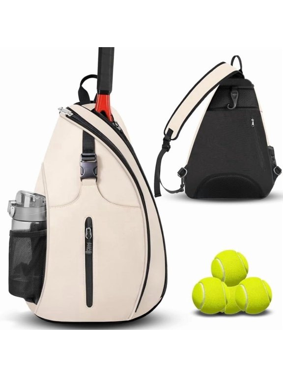Tennis Sling Backpack, Waterproof Crossbody Bag for Tennis, Pickleball, Badminton, Adjustable Strap, Lightweight, White