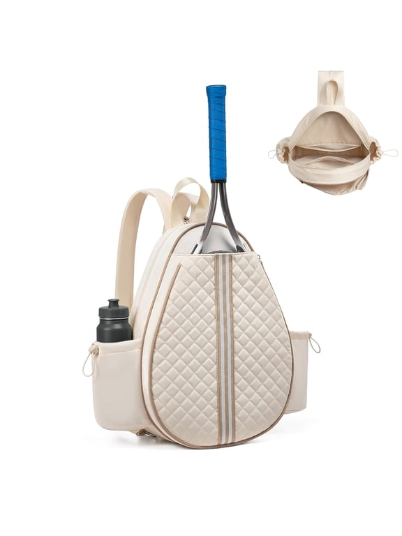 Tennis Sling Bag Racket Backpack, Quilted Sports Crossbody Bag for Tennis, Pickleball & Badminton, Waterproof Lightweight Racket Bag with Wet Pocket & Side Pockets, Beige, 16.5 x 12.6 x 4.7inch