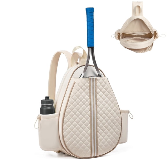 Tennis Sling Bag Racket Backpack, Quilted Sports Crossbody Bag for Tennis, Pickleball & Badminton, Waterproof Lightweight Racket Bag with Wet Pocket & Side Pockets, Beige, 16.5 x 12.6 x 4.7inch