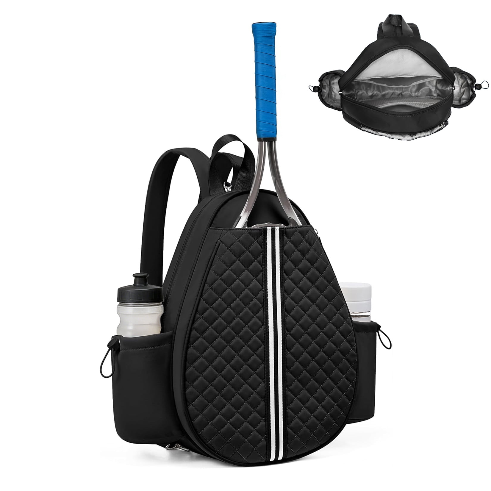 Tennis Sling Bag Racket Backpack, Quilted Sports Crossbody Bag for Tennis, Pickleball & Badminton, Waterproof Lightweight Racket Bag with Wet Pocket & Side Pockets, Black, 16.5 x 12.6 x 4.7inch