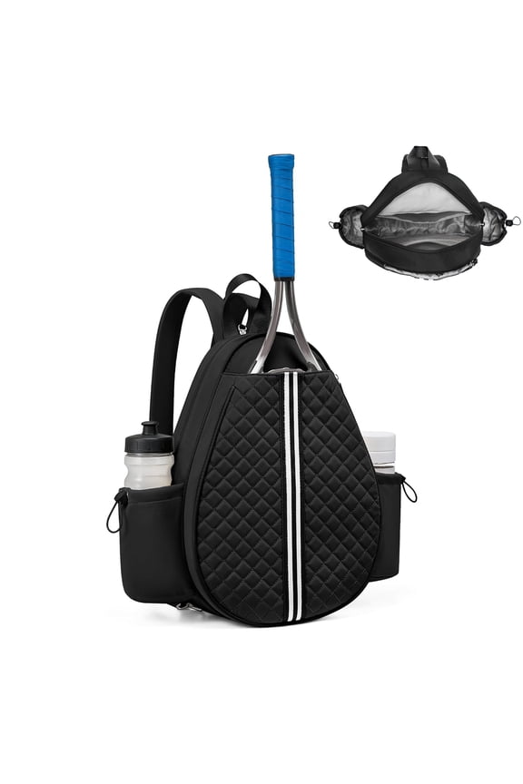 Tennis Sling Bag Racket Backpack, Quilted Sports Crossbody Bag for Tennis, Pickleball & Badminton, Waterproof Lightweight Racket Bag with Wet Pocket & Side Pockets, Black, 16.5 x 12.6 x 4.7inch