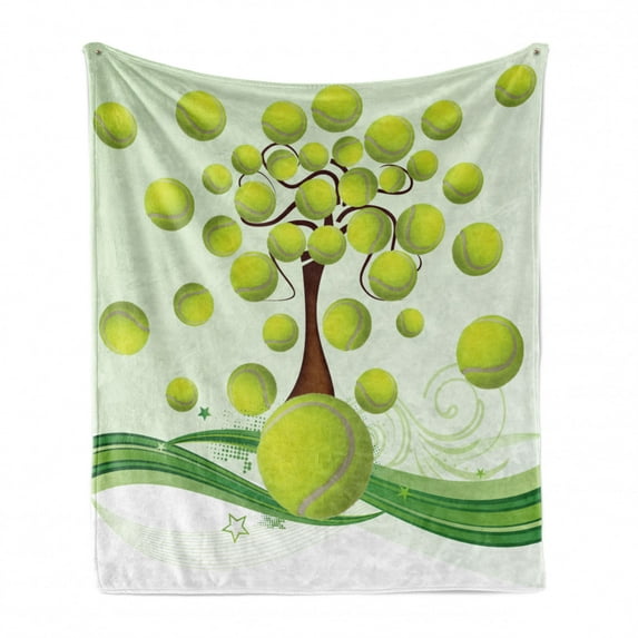 Tennis Soft Flannel Fleece Throw Blanket, Sport Balls Pattern with Swirls Pattern Abstract Composition in Green, Cozy Plush for Indoor and Outdoor Use, 50" x 60", Pale Green Brown White, by Ambesonne