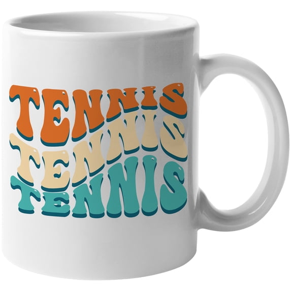 Tennis, Sports Themed, Groovy Retro Wavy Text Merch Gift, White 11oz Ceramic Mug