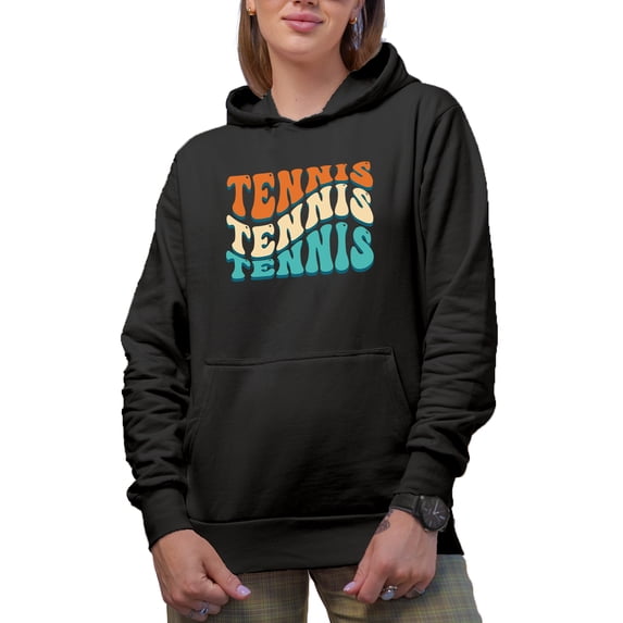 Tennis, Sports or Athlete Themed, Groovy Retro Wavy Text Merch Gift, Black Hooded Sweatshirt or Hoodie, XL