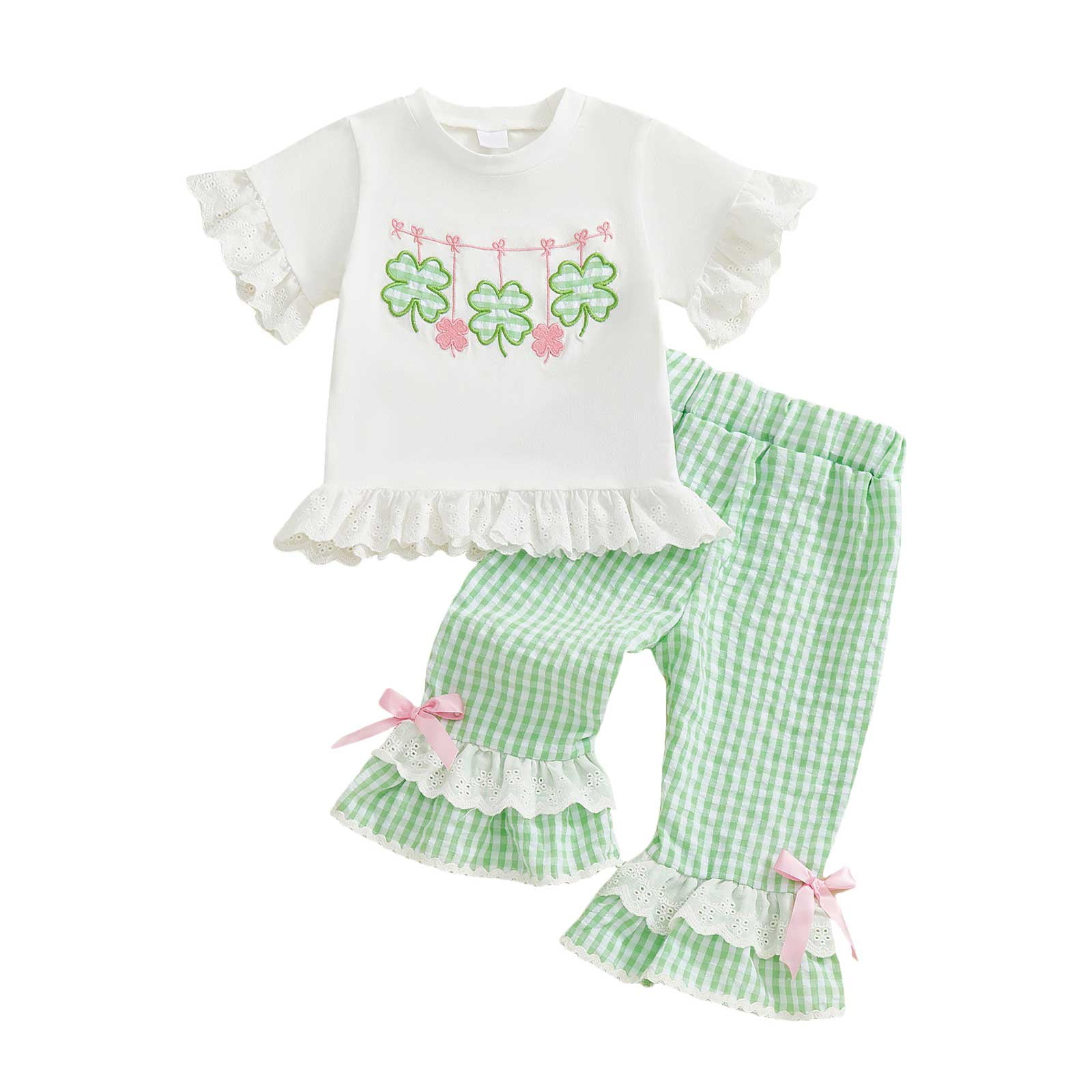 Tennyeal Baby Girl Clothes Baby Girl Outfit Short Sleeve Tops Plaid Flared Pants Set Toddler Girl Clothes for 3-4 Years,White