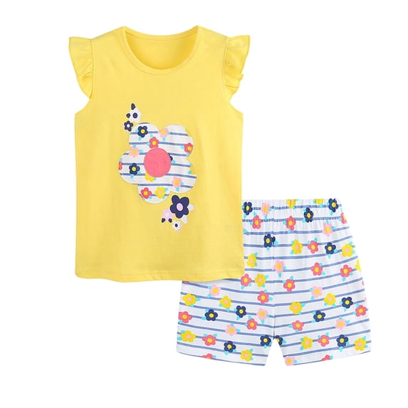 Tennyeal Toddler Baby Girl Clothes Summer Outfits Girls Comfortable Breathable Set Cute Cartoon Printed Short Sleeve Shorts 2 PCS Set Girls Fashion for 6-7 Years,Yellow