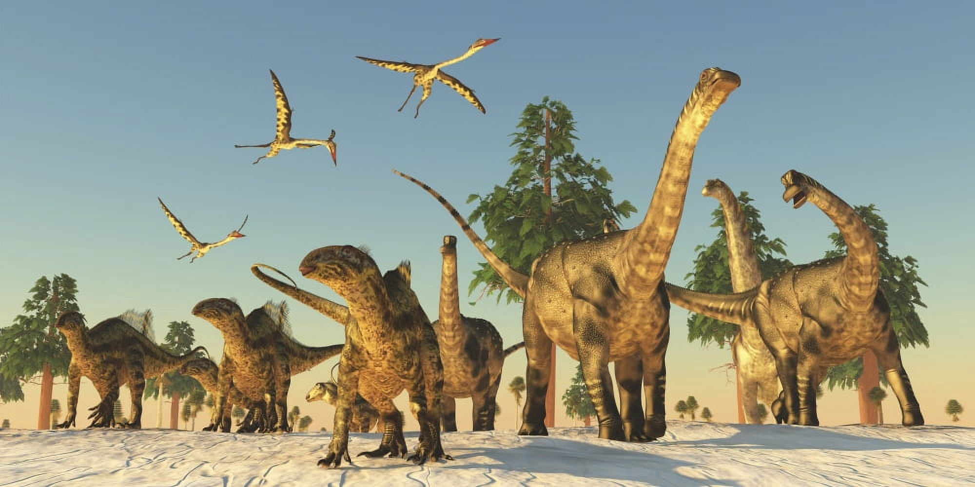 Tenontosaurus and Argentinosaurus dinosaurs migrating in search of water Canvas Art - Corey FordStocktrek Images (40 x 20)