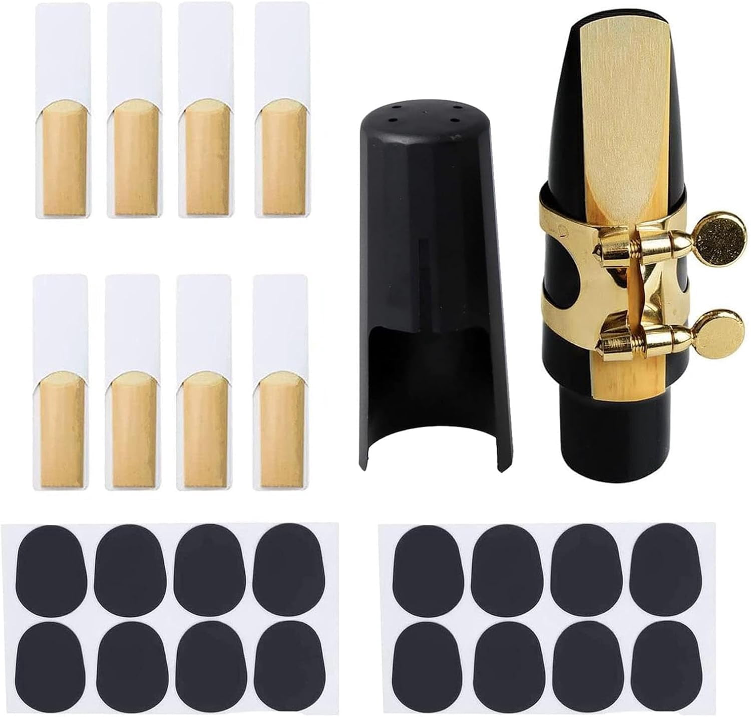 Tenor Sax Mouthpiece Kit Includes Saxophone Mouthpiece, Brass Ligature Fastener, Plastic Cap 2.5 Reed and Cushions Pads Fit for Tenor Sax Parts and Accessories 26 Pieces