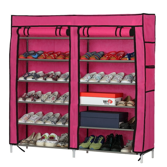 Tenozek 2 Rows 12 Lattices Combination Shoe Rack 32 Pairs Shoe Organizer Boot Storage with Dustproof Cover for Bedroom Living Room Rose Red