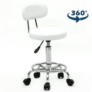 Tenozek 360 Swivel Bar Stool with Wheels Adjustable Armless Salon Stool Chairs with Back & PU Leather Seat White
