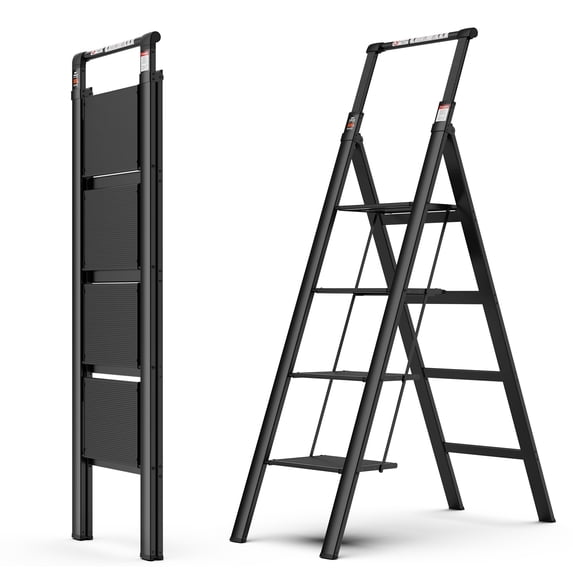 Tenozek 4 Step Ladder, Retractable Handgrip Folding Step Stool with Anti-Slip Wide Pedal, Aluminum Step Ladders 4 Steps, 300lbs Safety Household Ladder