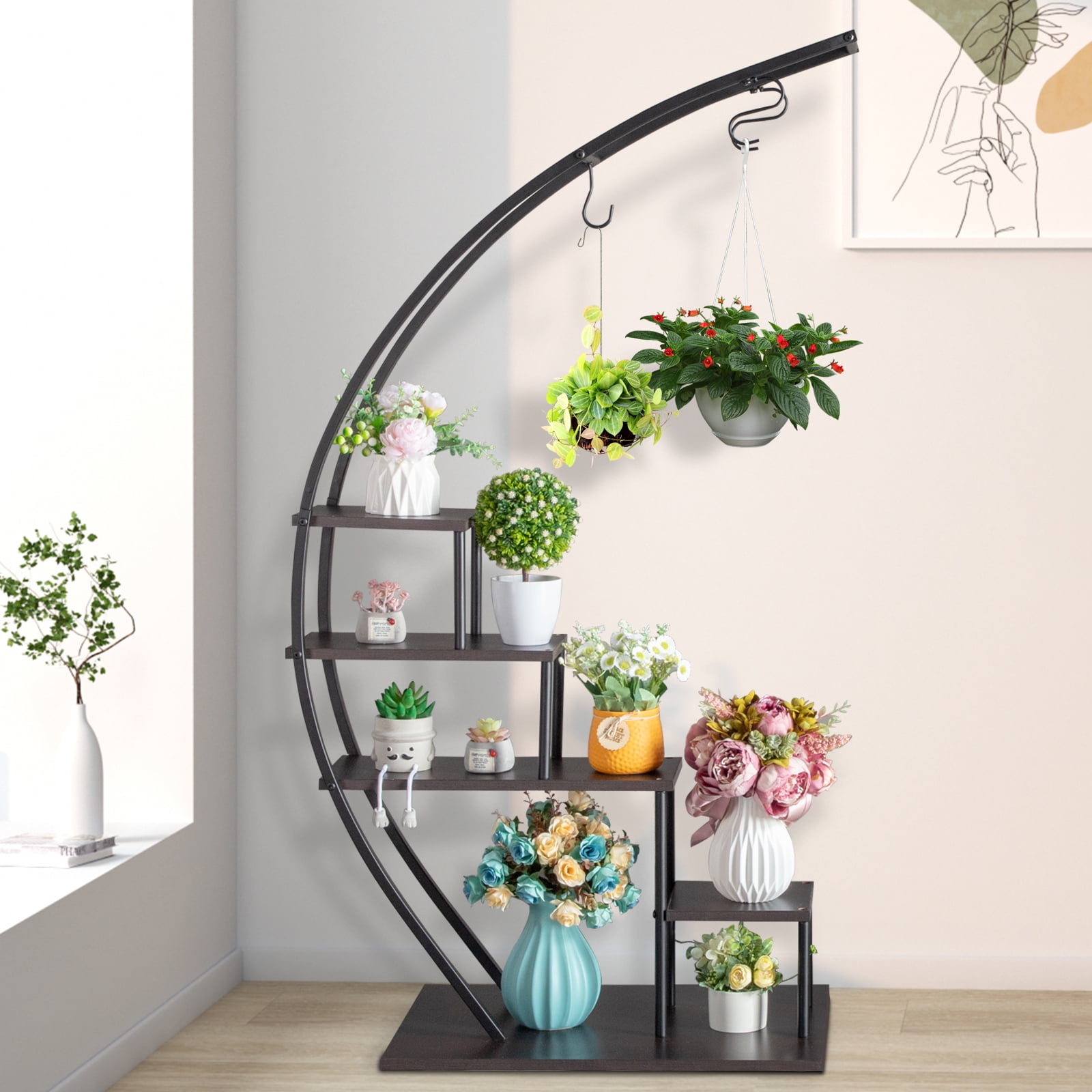 Tenozek 5 Tier Plant Stand, 1 Pack Metal Half Moon Shape Plant Stands for Indoor Plants, Black