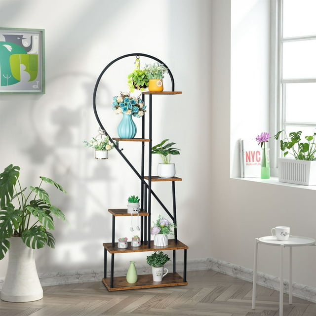Tenozek 6 Tier Plant Stand, 1 Pack Metal Half Moon Shape Plant Stands for Indoor Plants, Black
