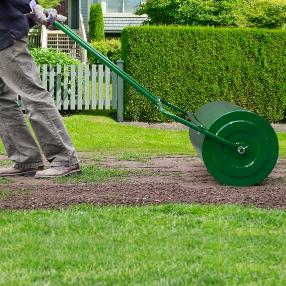 Tenozek Lawn Roller, Push/Tow Behind Water Filled Steel Yard Sod Roller for Garden Backyard, Ball Field, Park (13 Gallon/24in, Green)