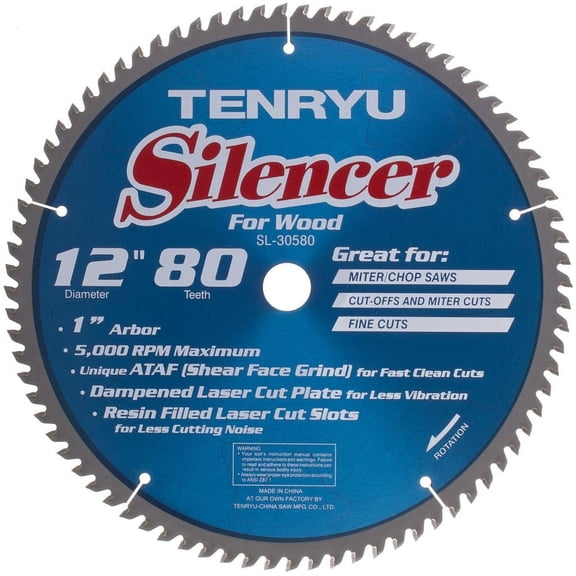 Tenryu Silencer Ataf Saw Blade 12In X 80T X 1In Arbor Carbide