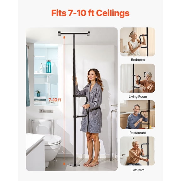 Tension-Mounted Safety Pole for Elderly - Anti-Slip Grab Bar, 300 lbs Capacity, Fits 7-10 Ft Ceilings, Black