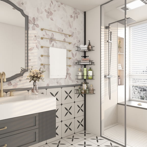 Tension Pole Corner Shower Caddy, 4 Adjustable Baskets, Rustproof, No-Drilling, Bathroom Organizer for Shower, Bathtub, Corner Space