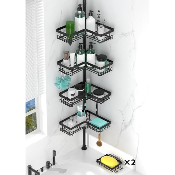 Tension Pole Shower Caddy Corner with 2 Soap Holders, 4 Tier Bathroom Shower Organizer Floor to Ceiling 25-114 inch, Adjustable, Multiple Hooks, Stable Base, Rustproof, Black