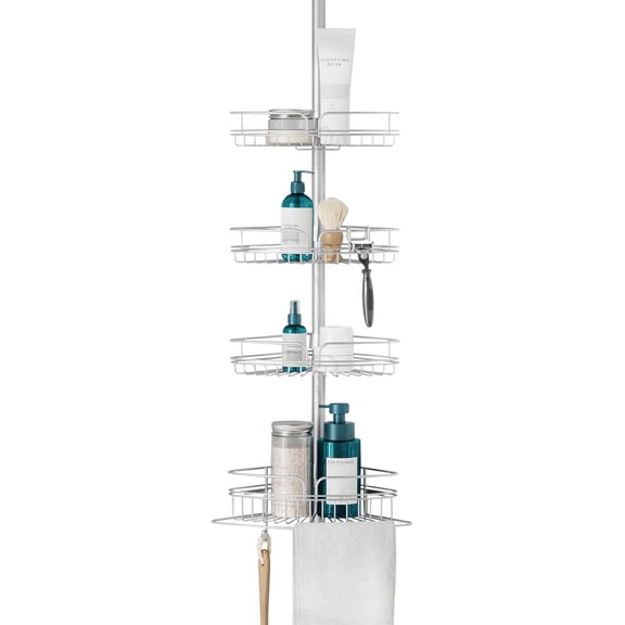Tension Pole Shower Caddy Corner Organizer, Adjustable Standing with 4 Baskets and Built in Towel Bar, Rust Resistant Bathroom Rod 60 to 97 Inch, Chrome